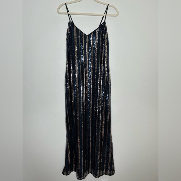 NWT Maeve Sequin Midi Slip Dress Vertical Stripe Navy Silver Black Size Medium - Picture 4 of 12